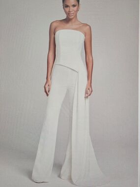 NADINE MERABI Ivory Strapless Wide-Leg Jumpsuit with Draped Overlay